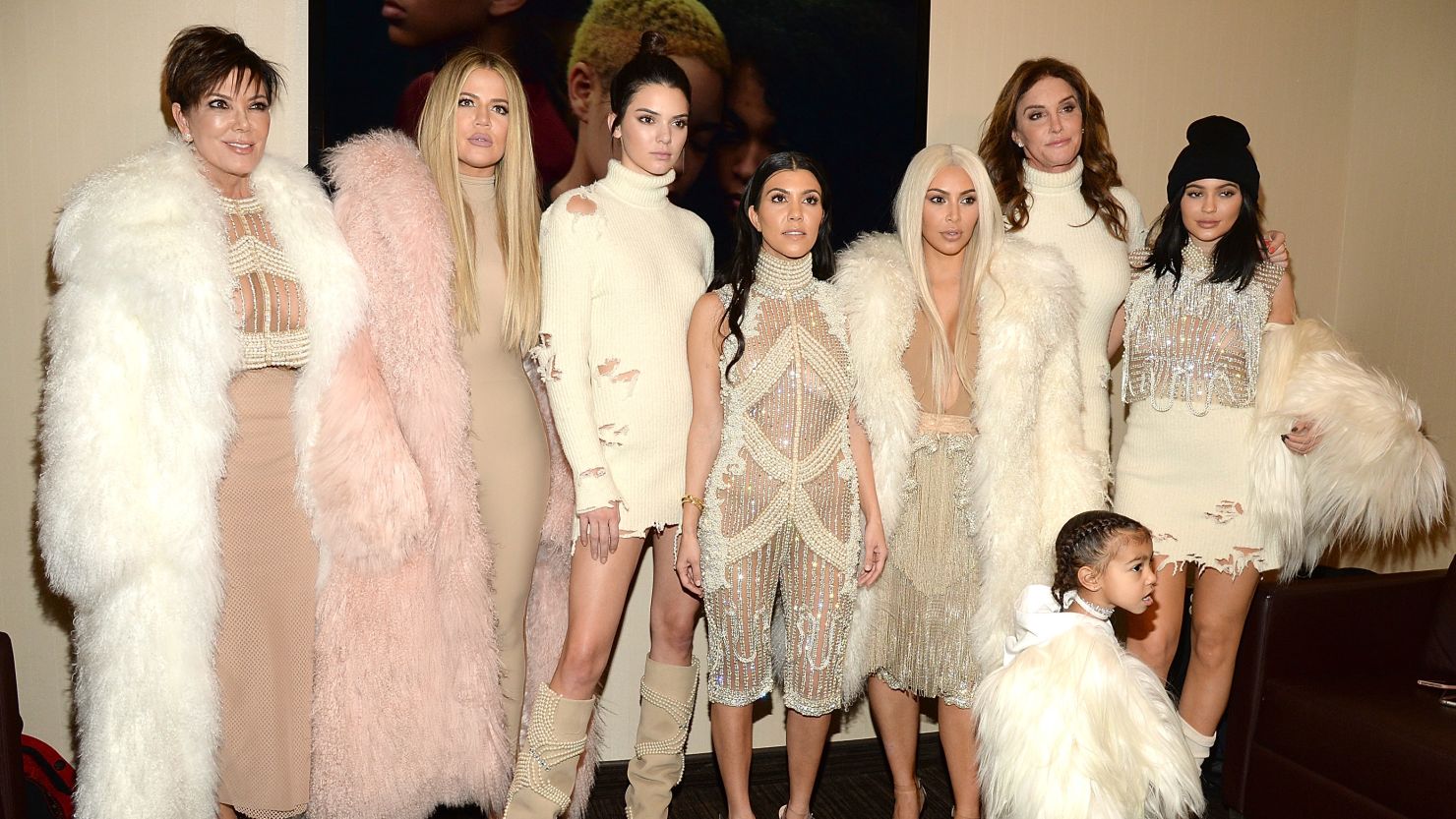 Khloe Kardashian, Kris Jenner, Kendall Jenner, Kourtney Kardashian, Kim Kardashian West, North West, Caitlyn Jenner and Kylie Jenner attend Kanye West Yeezy Season 3 at Madison Square Garden in 2016.
