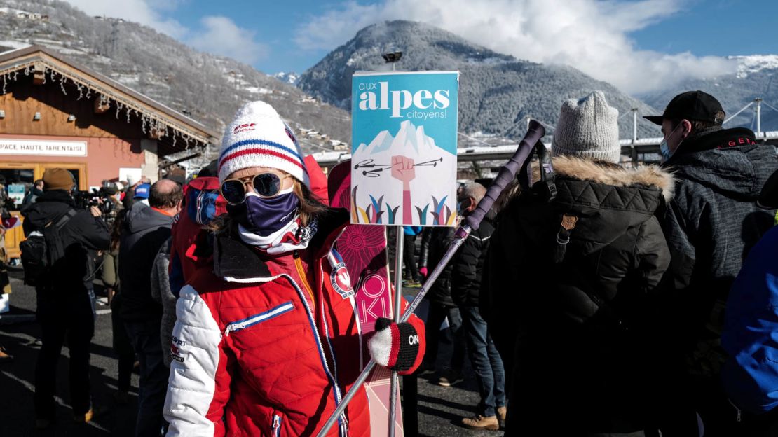 A protester wearing ski clothing in Bourg-Saint-Maurice.