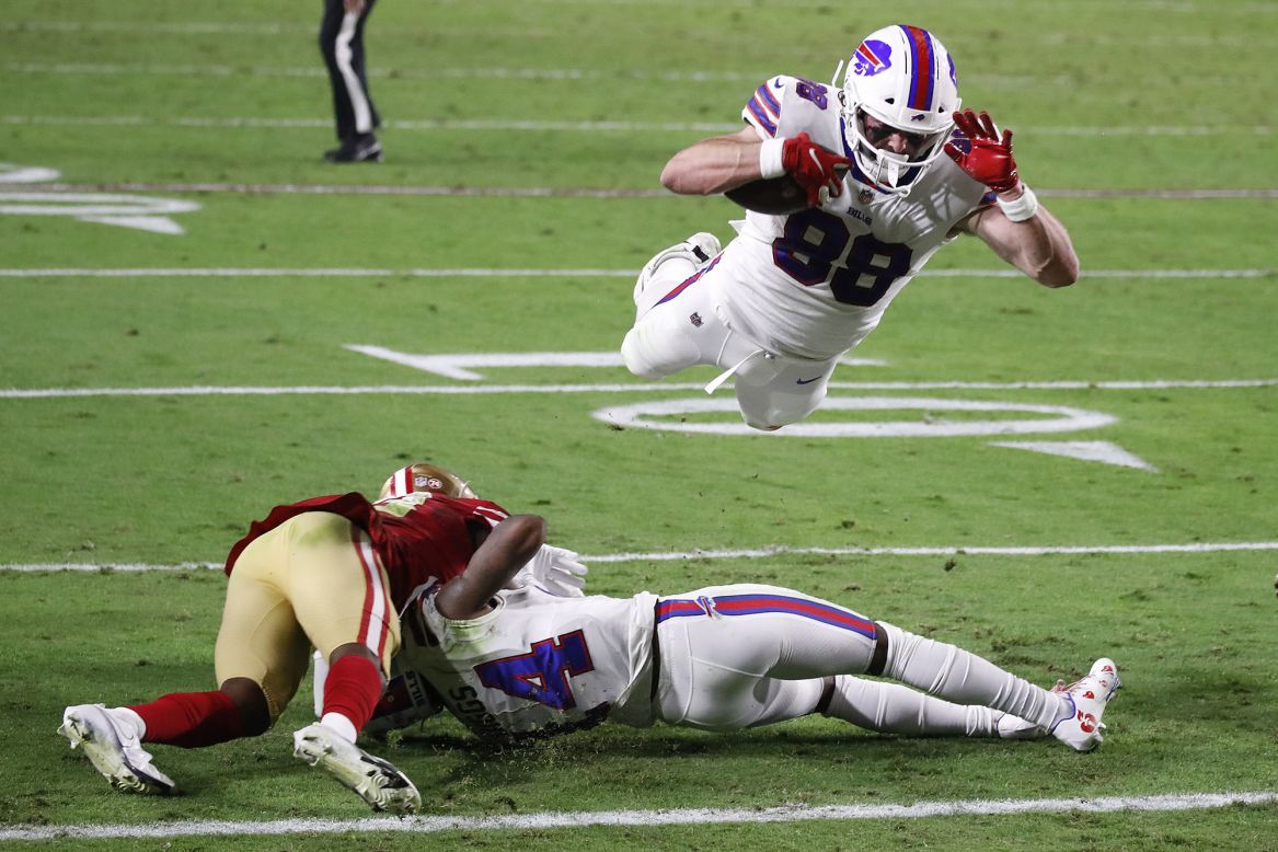 Buffalo's Dawson Knox dives for a touchdown during an NFL game against San Francisco on Monday, December 7. Buffalo won the game 34-24.