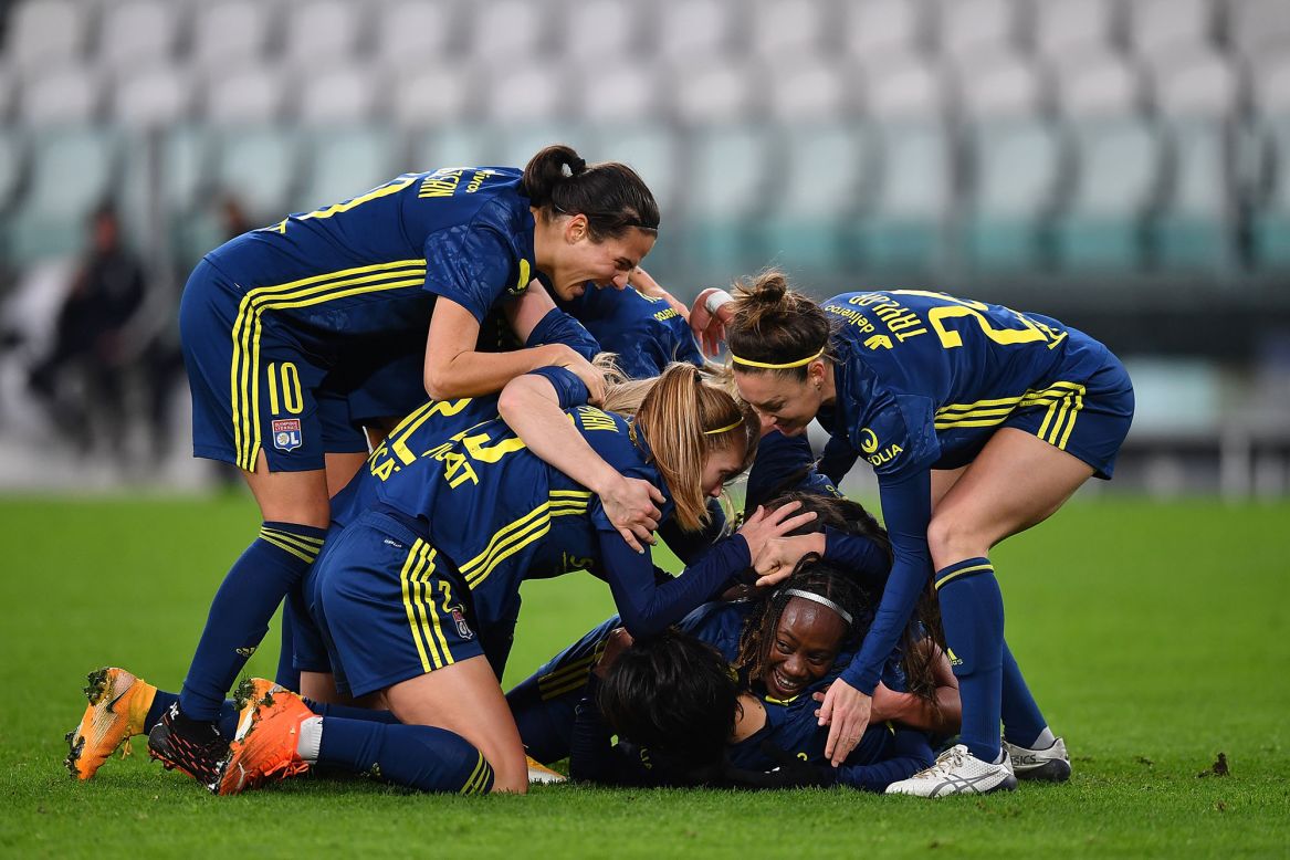 Lyon soccer players celebrate a goal during a Women's Champions League match against Juventus on Wednesday, December 9. Lyon, who has won the last five Champions League tournaments, won 3-2 in Turin, Italy.