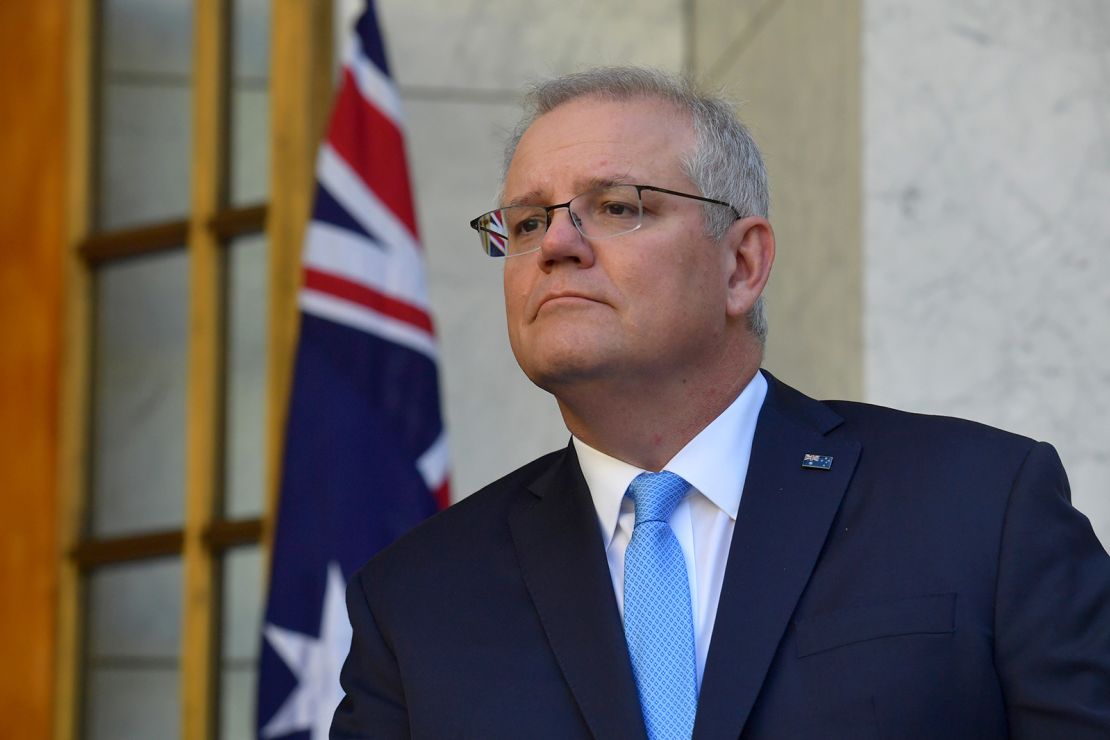 Prime Minister Scott Morrison reacts during a press conference in the Prime Minister's courtyard on December 11 in Canberra, Australia.