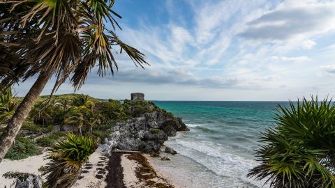 Ruins of the Mayan city of Tulum on the coast of the Caribbean Sea.