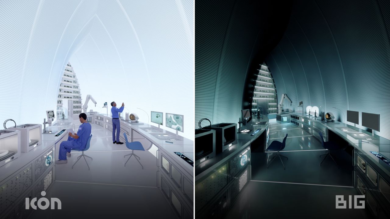 The research area in ICON's proposed lunar structure is illuminated with smart lights that  simulate day and night on Earth, to help astronauts retain a normal sleep-wake cycle.