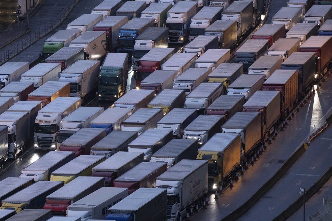 Trucks backed up on the route into the UK port of Dover to board ferries to France on December 11, 2020.