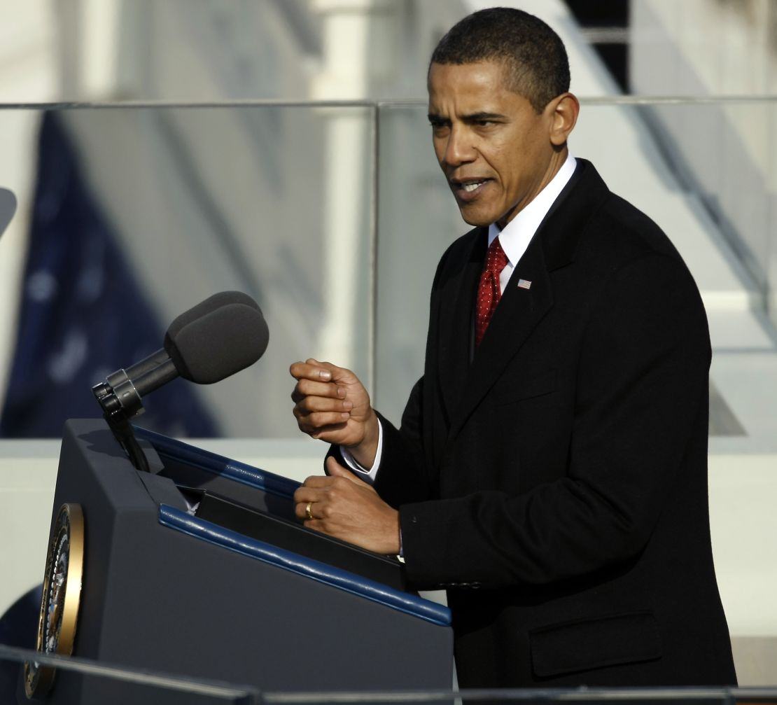 Then-President Barack Obama gives his inaugural address during his inauguration at the Capitol, January 20, 2009, in Washington.