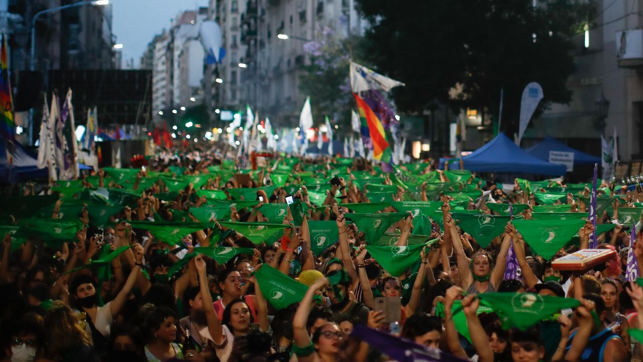 Abortion-rights supporters rally Thursday outside Argentina's Congress with green handkerchiefs associated with the movement to decriminalize abortion.