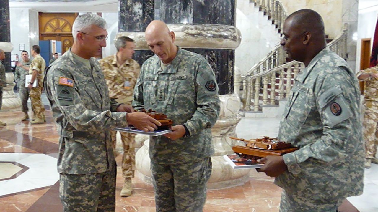 Retired Lt. Gen. Mark Hertling (left), along with General Ray Odierno (center) and then-Lt. Gen. Lloyd Austin (right) at the Al-Faw palace in Baghdad, Iraq, in 2008.