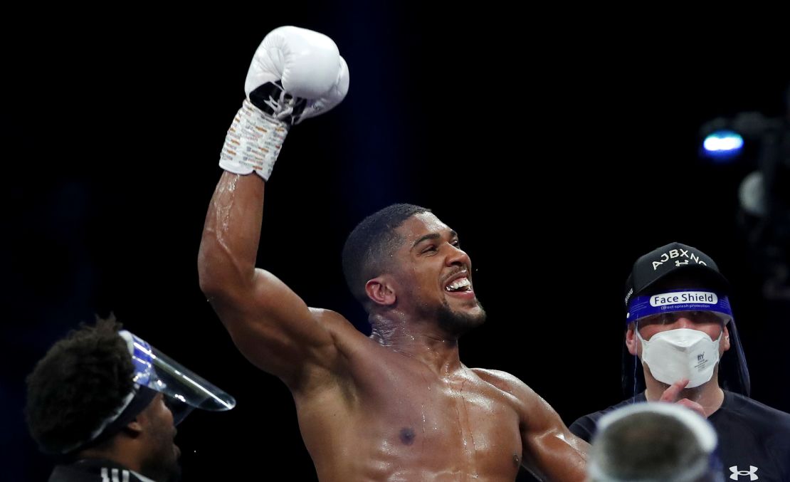 Anthony Joshua reacts to victory over Kubrat Pulev on Saturday. 