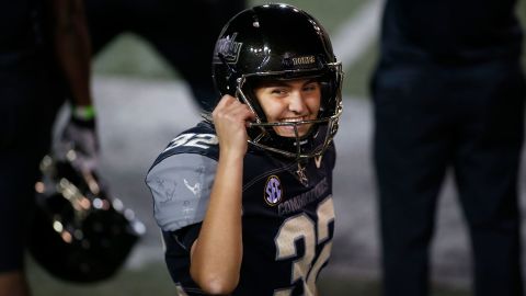 Vanderbilt kicker Sarah Fuller smiles to cheers for her in the stands on Saturday.