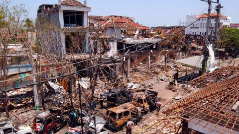  A view of a bomb blast site on October 16, 2002 in Bali, Indonesia. The attacks occurred in the popular tourist area of Kuta on October 12, killing more than 200 people.