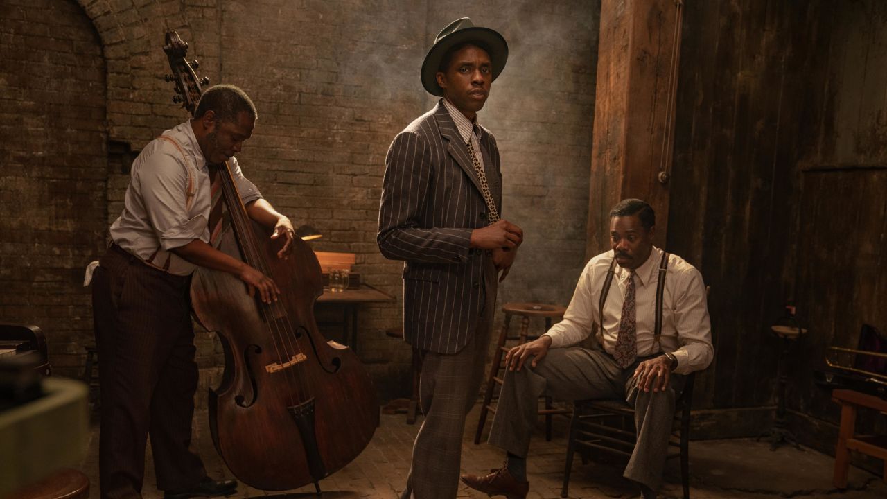 Chadwick Boseman (center) could win a posthumous Oscar for 'Ma Rainey's Black Bottom' (David Lee / Netflix).