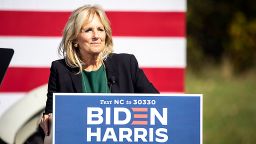Dr. Jill Biden, wife of Democratic U.S. presidential nominee Joe Biden, speaks on October 31, 2020 in Charlotte, North Carolina. She is in North Carolina campaigning for former Vice President Joe Biden and Senator Kamala Harris ahead of the 2020 Presidential election on November 3, 2020 (Photo by Jeff Hahne/Getty Images)