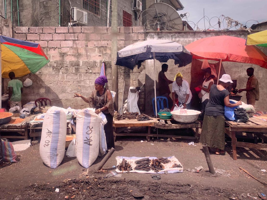 Bushmeat market in Kinshasa Port. Smoked fish is for sale here.
