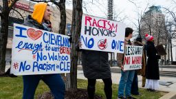CLEVELAND, OH - APRIL 6: Protestors express their disapproval of the Cleveland Indians Chief Wahoo logo prior to the game against the Kansas City Royals outside Progressive Field on April 6, 2018 in Cleveland, Ohio. The Indians defeated the Royals 3-2. (Photo by Jason Miller/Getty Images) *** Local Caption ***