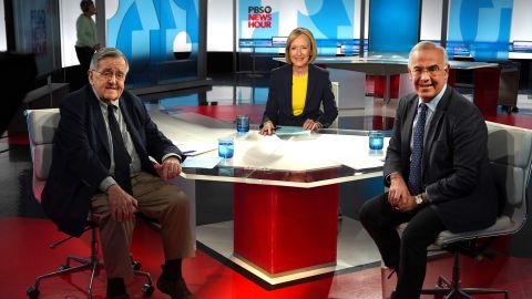 Mark Shields (left) pictured here with Judy Woodruff and David Brooks