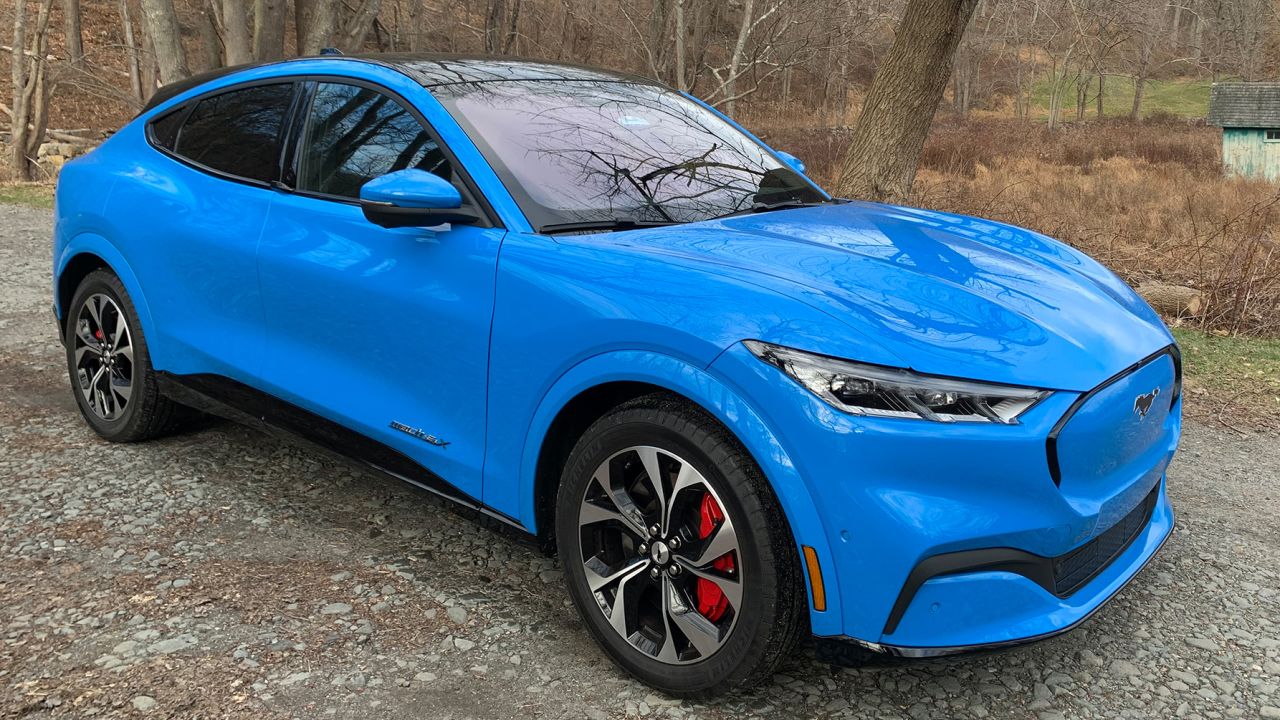 The Ford Mustang Mach-E electric crossover SUV  in Grabber Blue.