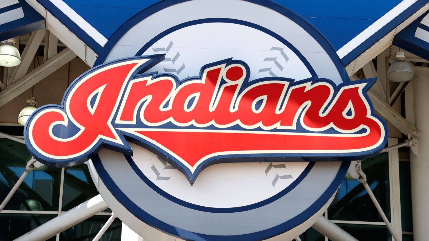 The Cleveland Indians team logo on the main sign outside Progressive Field on July 12, 2020 in Cleveland, Ohio. 