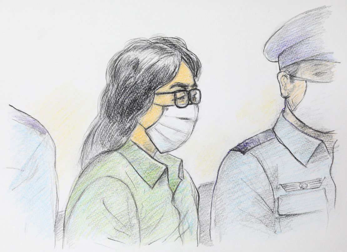 This court sketch drawing created on September 30, 2020 shows Takahiro Shiraishi at the first trial at Tokyo District Court Tachikawa Branch in Tachikawa, Tokyo.