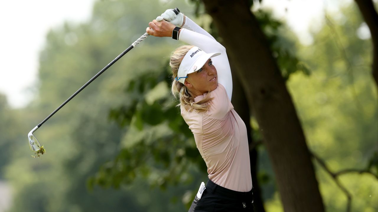 Popov hits a tee shot on the second hole during the final round of the Marathon LPGA Classic in 2020.