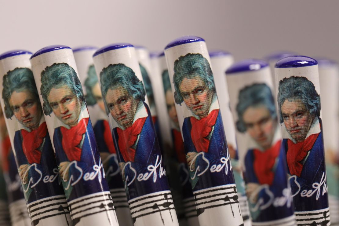 Pencils showing Ludwig van Beethoven are on display in a souvenir shop in Bonn, Germany. Germany is celebrating the 250th anniversary of his birth.