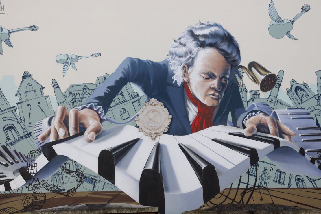 A mural shows German composer Ludwig van Beethoven on a house facade in his birth city of Bonn, Germany. 