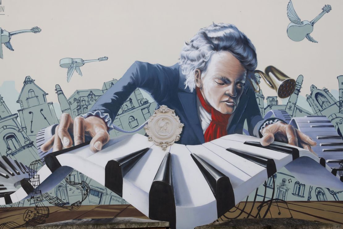 A mural shows German composer Ludwig van Beethoven on a house facade in his birth city of Bonn, Germany.