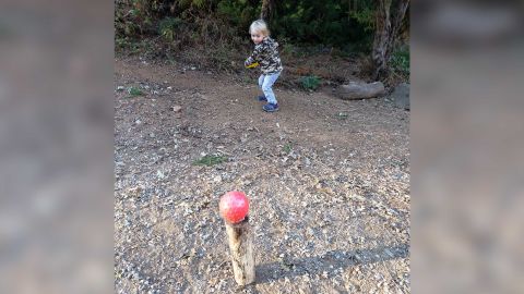 Dan DeJager, a physical education teacher in Fair Oaks, California, has created regular outdoor activities for his two sons in the pandemic. Shown is his son Henry, 3, attempting to hit a ball off a log with a Frisbee.