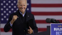 JOHNSTOWN, PENNSYLVANIA - SEPTEMBER 30:  Democratic U.S. presidential nominee Joe Biden gestures during a campaign stop outside Johnstown Train Station September 30, 2020 in Johnstown, Pennsylvania. Former Vice President Biden continues to campaign for the upcoming presidential election today on a day-long train tour with stops in Ohio and Pennsylvania.  (Photo by Alex Wong/Getty Images)