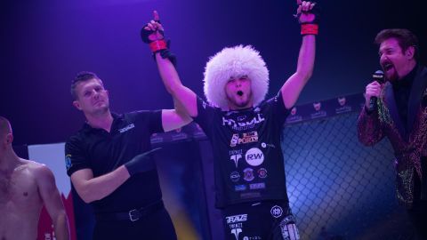Mokaev celebrates after a victory.