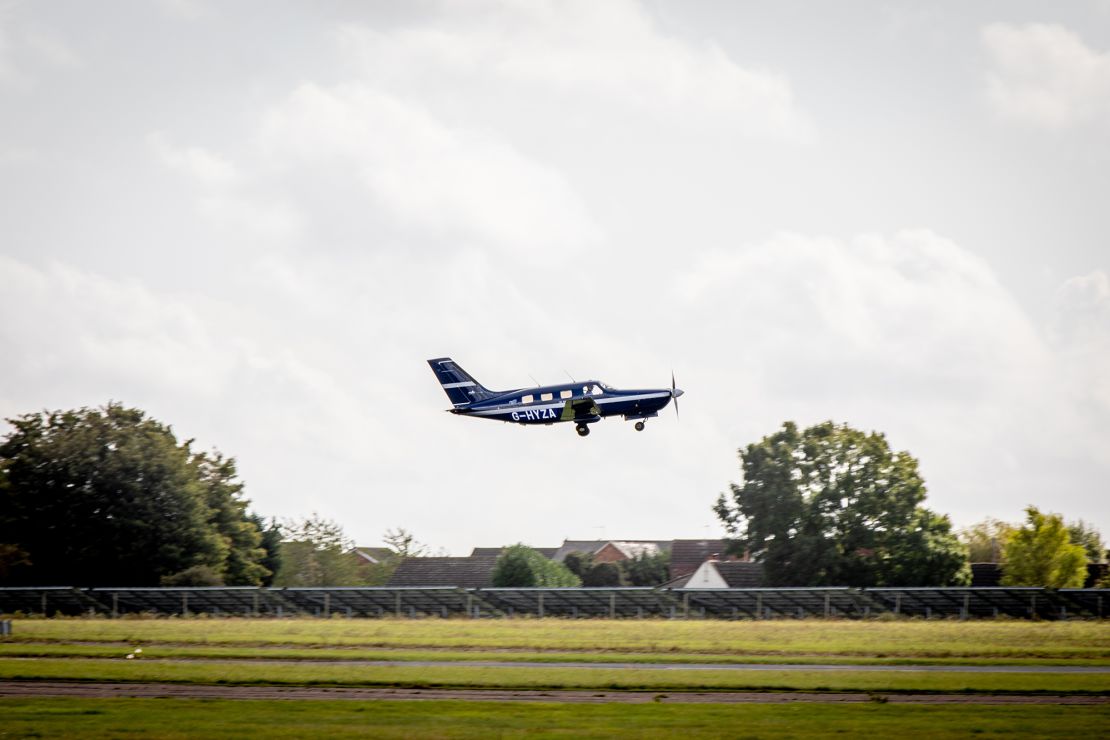 A six-seater Piper Malibu M350 flies with ZeroAvia's powertrain at Cranfield, England in September. 