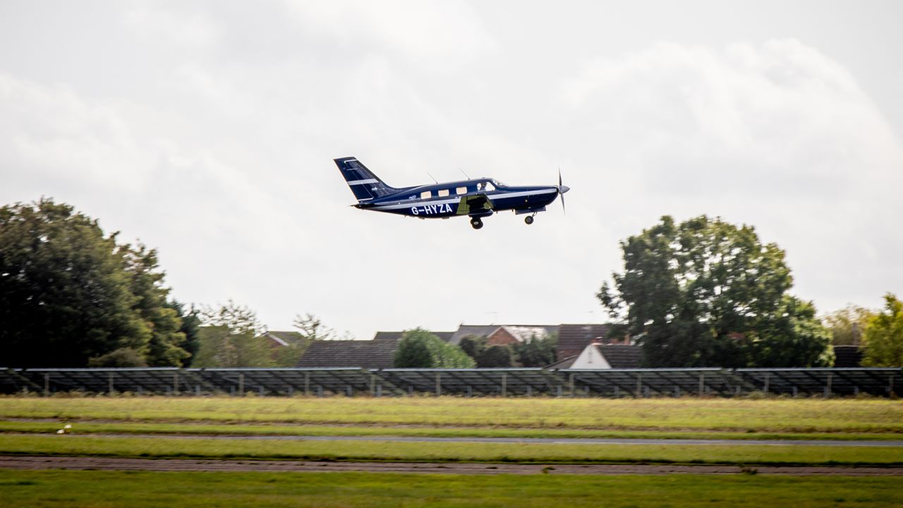 A six-seater Piper Malibu M350 flies with ZeroAvia's powertrain at Cranfield, England in September. 