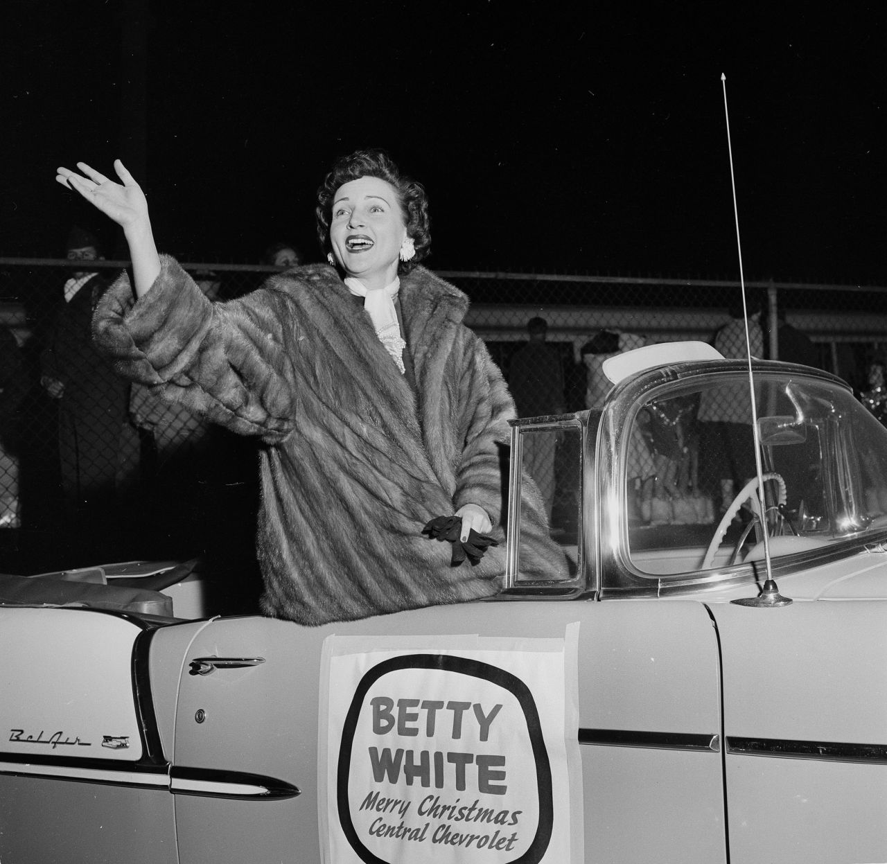 White rides in a Christmas parade in Los Angeles in 1955. 
