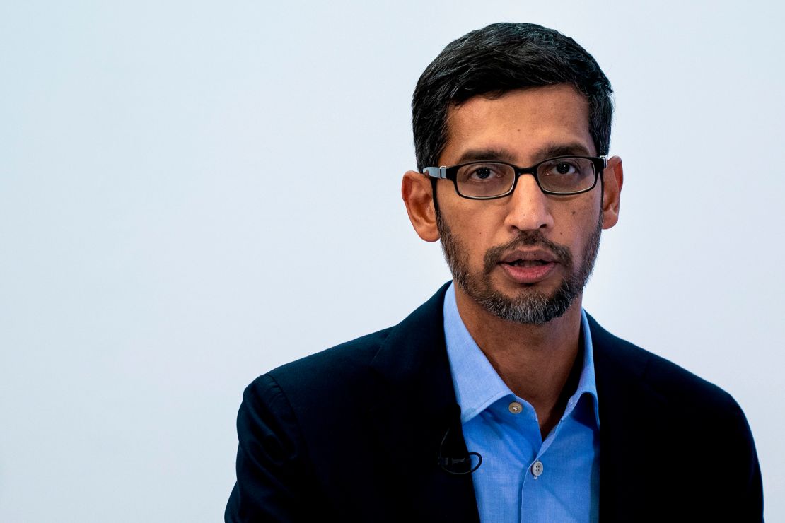 Google CEO Sundar Pichai speaks during a conference in Brussels on January 20, 2020.