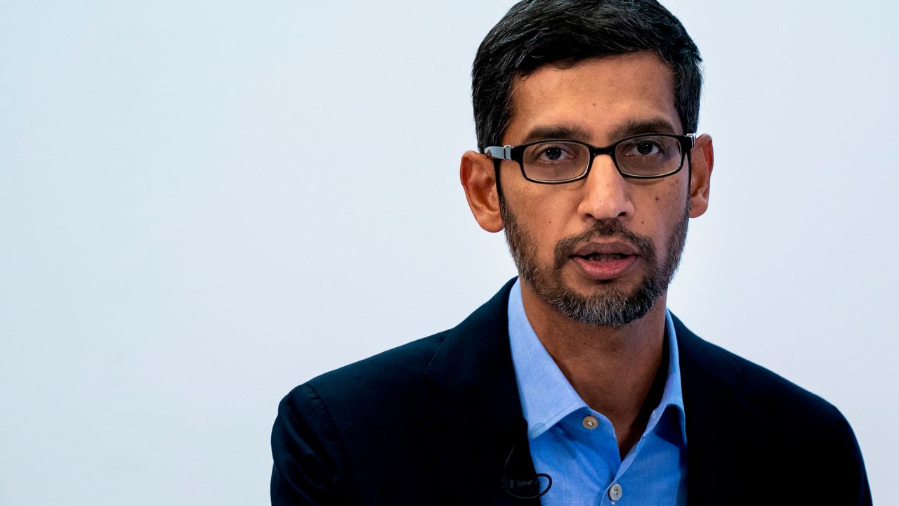 Google CEO Sundar Pichai speaks during a conference in Brussels on January 20, 2020.