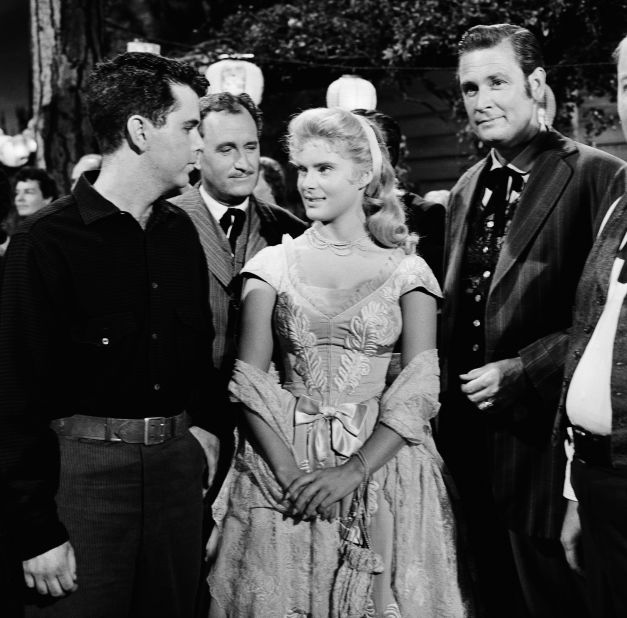 Barker, right, appears on a 1960 episode of "Bonanza" along with actors Jim Galante, Ken Mayer and Natalie Trundy.