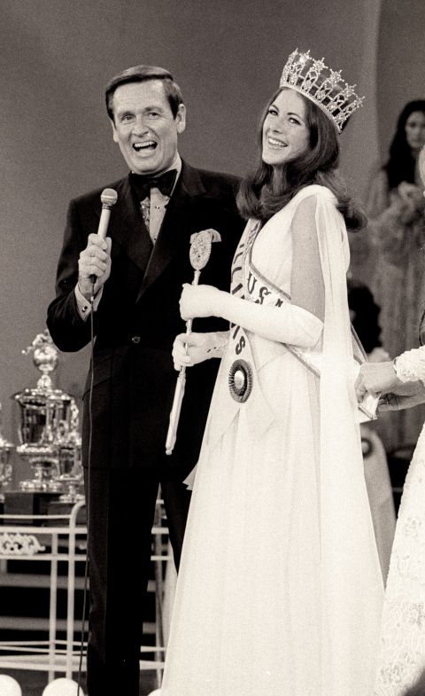 Barker and Miss Illinois Amanda Jones are seen after Jones won the 1973 Miss USA Pageant. Barker hosted the Miss USA and Miss Universe pageants from 1966 to 1987. He resigned after pageant officials refused to stop giving fur coats as awards.