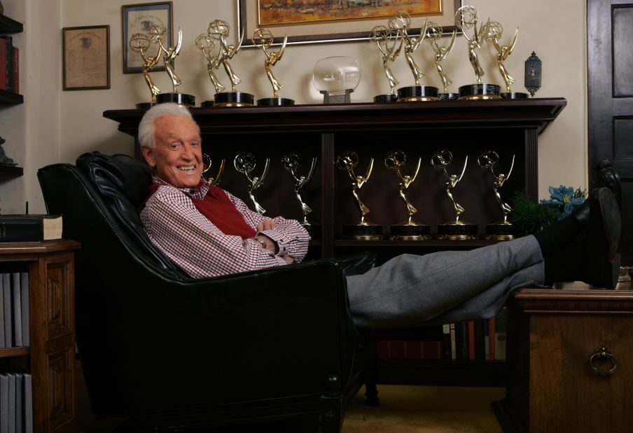 Barker relaxes next to his Emmy Awards in 2007. He also received a lifetime achievement Emmy in 1999.