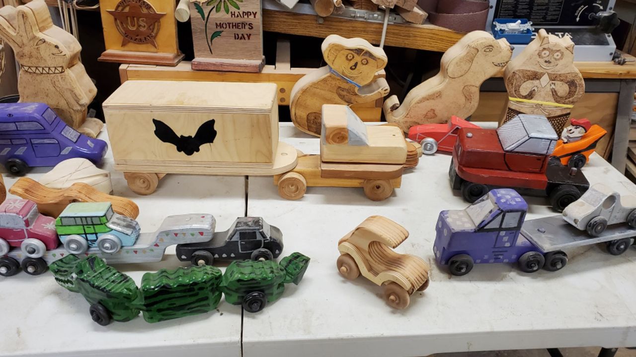 Mike Sullivan makes his own patterns and modifies others. He buys the lumber, wheels, axles and does all the cutting, drilling and sanding.