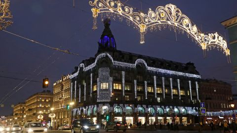 The House of the Books (Singer House) on Nevsky Avenue in St. Petersburg, Russia, is lit up electrically. Sunshine is in scarce supply here in the days leading up to winter solstice.