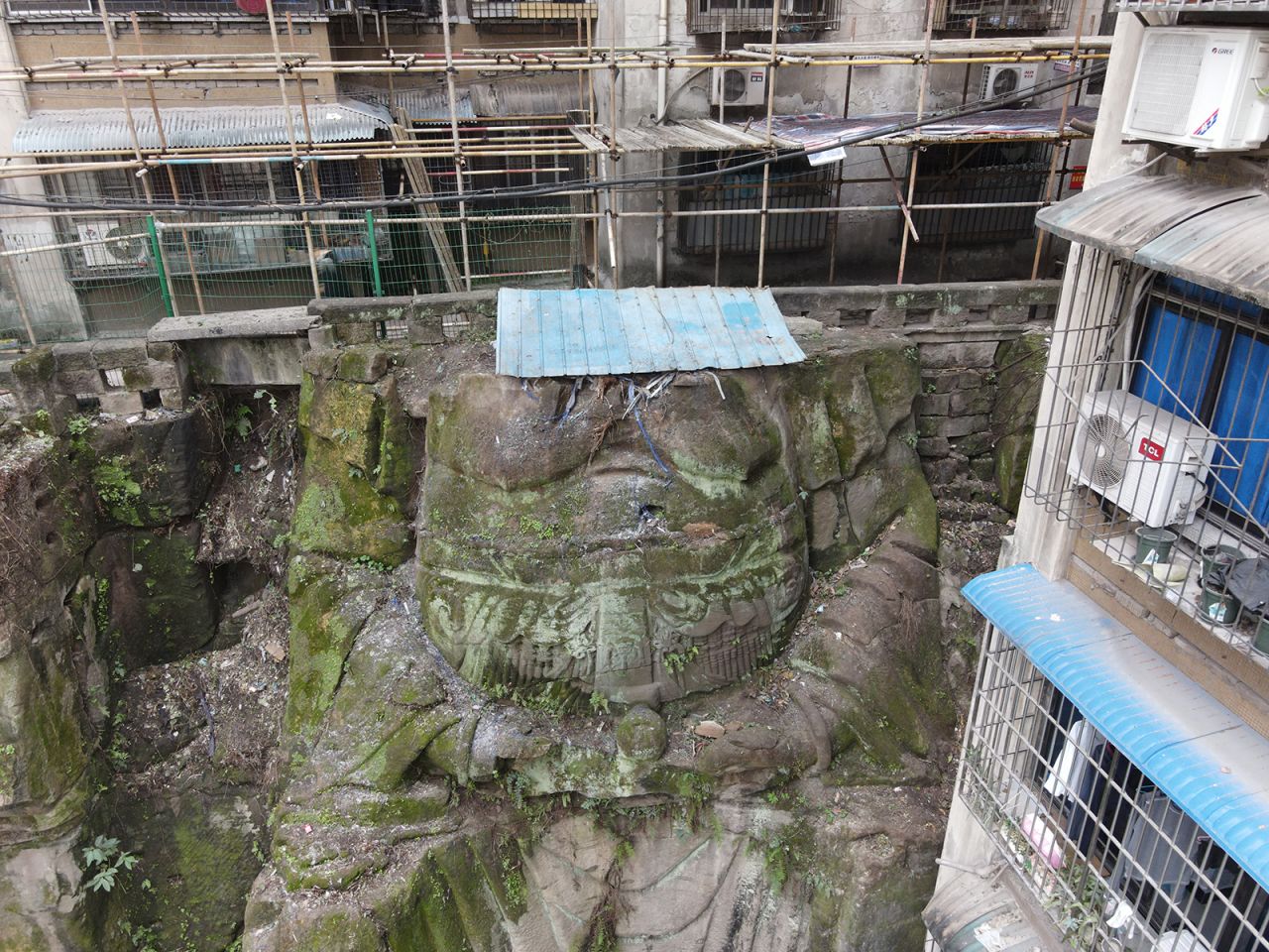 An aerial view of a headless religious statue uncovered in Chongqing, China.