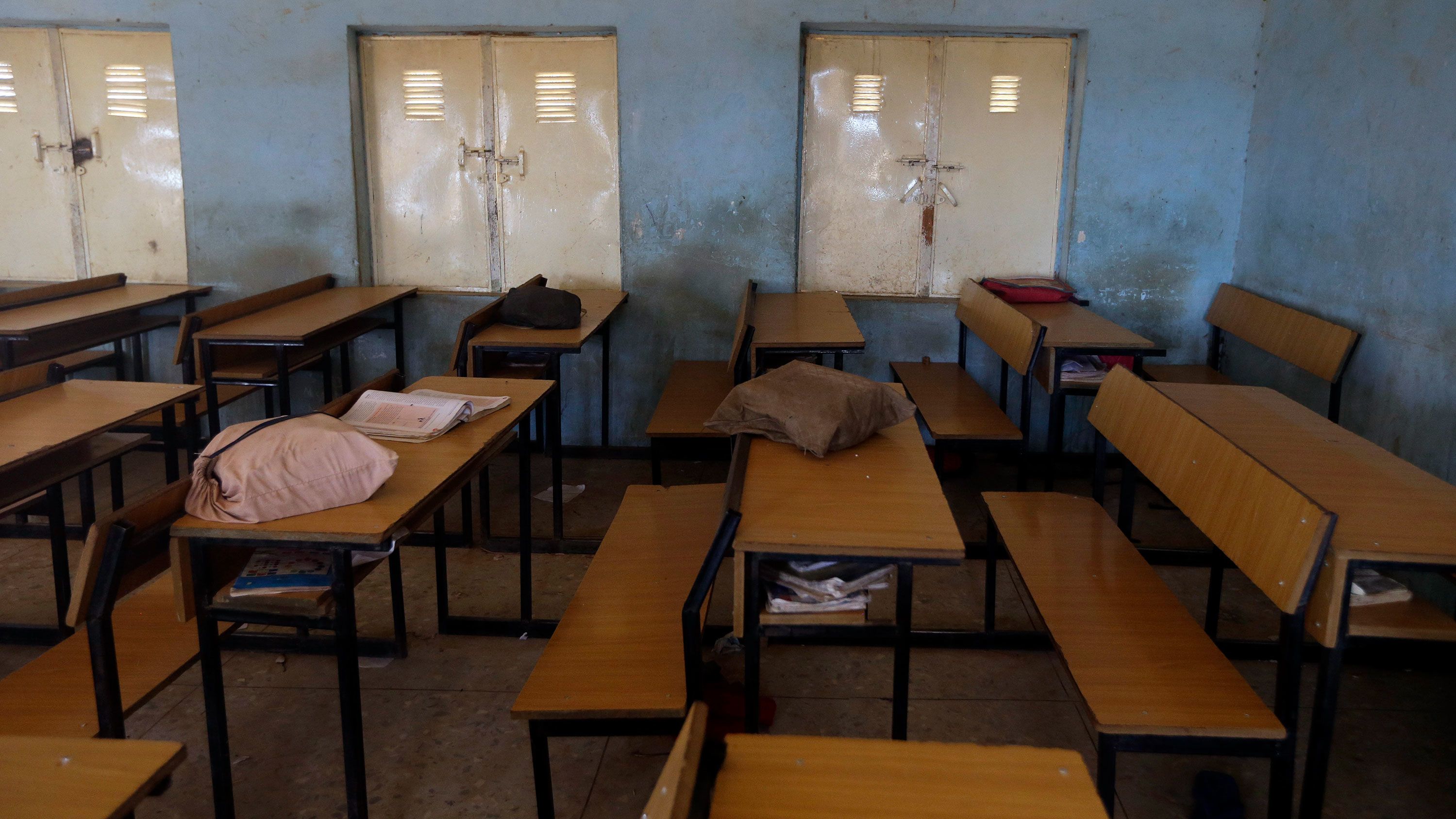 School bags of the kidnapped students are seen inside their classroom in Kankara, Nigeria on Wednesday, December 16, 2020.