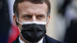 PARIS, FRANCE - DECEMBER 16: French President Emmanuel Macron wearing a protective face mask listens to Portugal's Prime Minister Antonio Costa during a joint statement prior to their meeting at the Elysee Presidential Palace on December 16, 2020 in Paris, France. In January 2021, Portugal will take over the Presidency of the Council of the European Union. Portugal will assume the six-month rotating EU Council presidency on 1 January 2021, being the fourth time that Lisbon held the role since joining the then European Economic Community in 1986. (Photo by Chesnot/Getty Images)