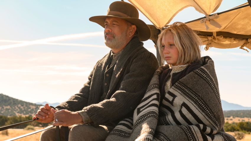 (from left) Captain Jefferson Kyle Kidd (Tom Hanks) and Johanna Leonberger (Helena Zengel) in News of the World, co-written and directed by Paul Greengrass.