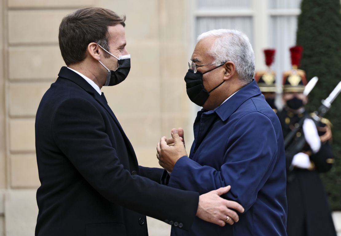 French President Emmanuel Macron at the Elysee Palace on Wednesday with Portuguese Prime Minister Antonio Costa, who is now in quarantine.