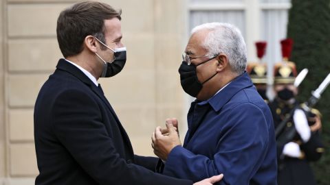 French President Emmanuel Macron at the Elysee Palace on Wednesday with Portuguese Prime Minister Antonio Costa, who is now in quarantine.