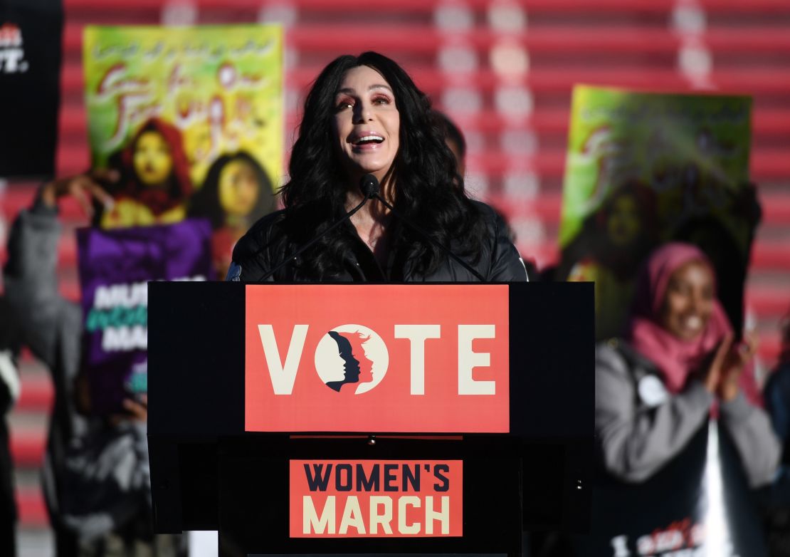 Cher speaks during the Women's March "Power to the Polls" voter registration tour in 2018 in Las Vegas.