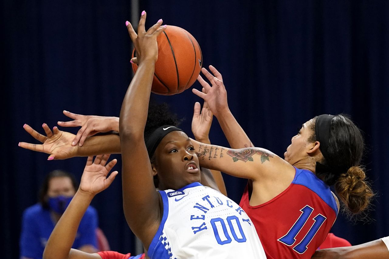 Kentucky center Olivia Owens tries to pull down a rebound during a college basketball game against DePaul on Wednesday, December 16.