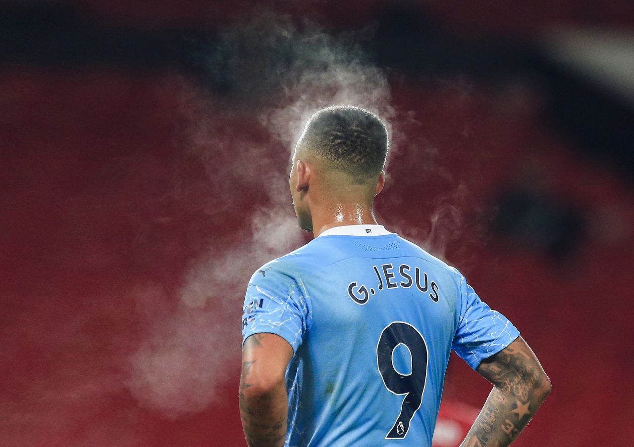 Steam rises off Manchester City striker Gabriel Jesus during a Premier League match in Manchester, England, on Saturday, December 12.