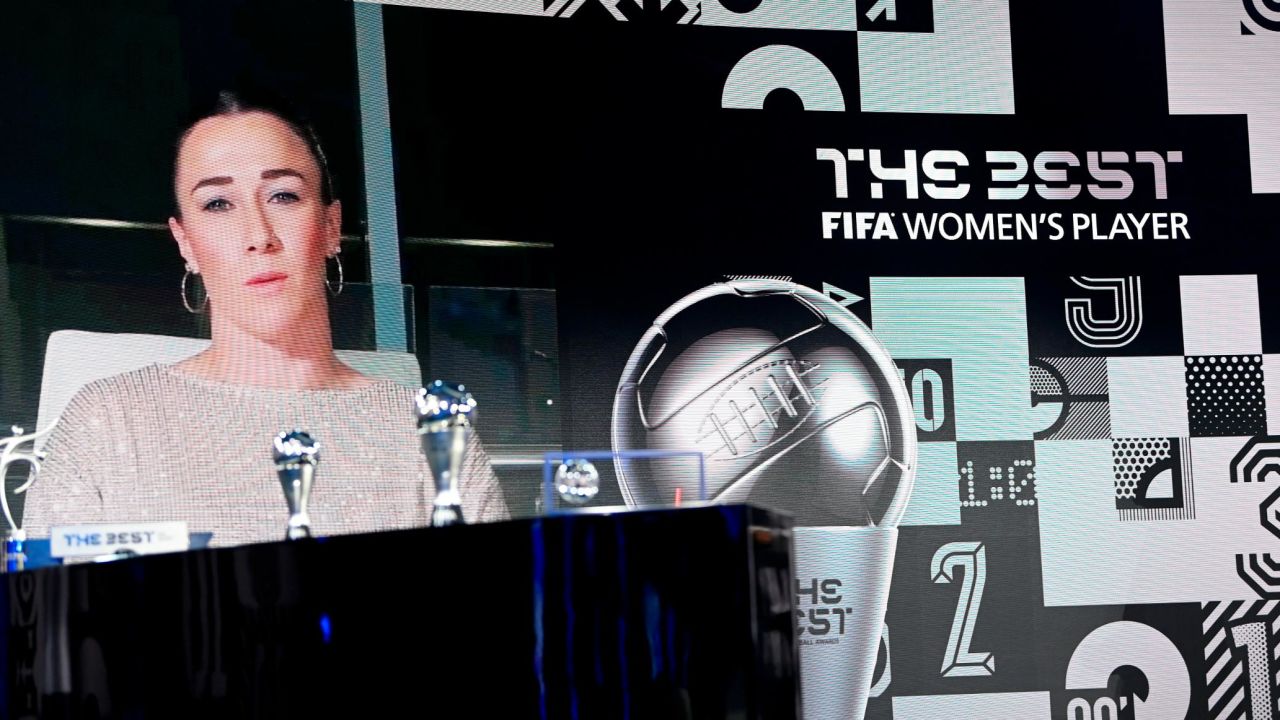 Lucy Bronze gives her acceptance speech via video link after winning the women's award.
