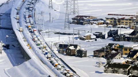 An aerial photo shows cars stuck on Kanetsu expressway in Minami-uonuma City, Niigata Prefecture on December. 18, 2020. 